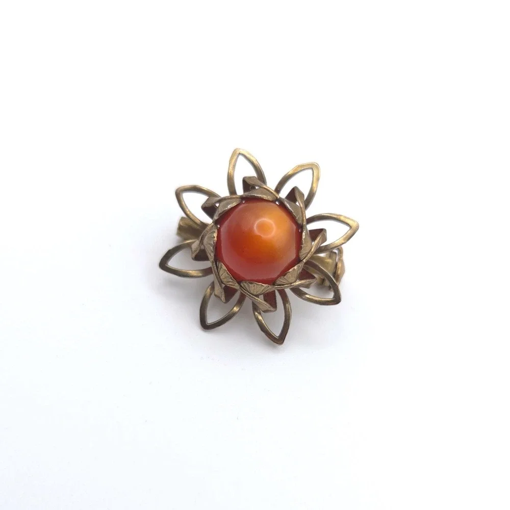 Vintage Gold Tone Flower Brooch Red Carnelian Cabochon Petal Pin Small
